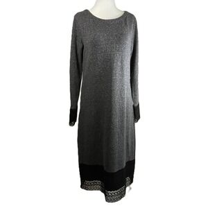 Coldwater Creek Size Small Gray Knit Dress Lace Trim Long Sleeve Midi